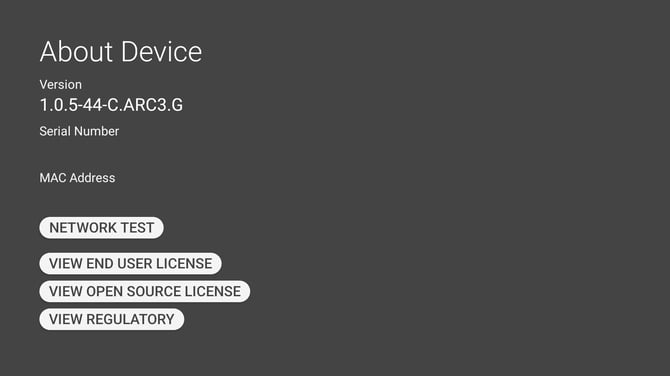 The About Device screen showing version, serial number, MAC address and the licence buttons