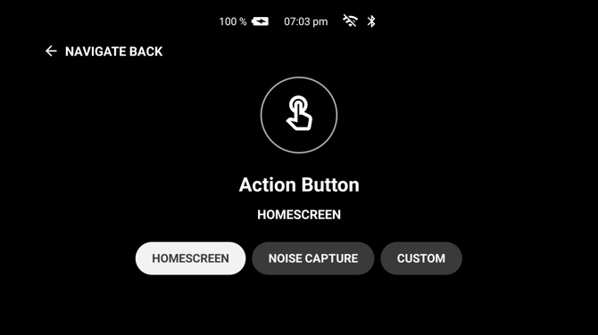 The Action Button setting showing Homescreen, Noise Capture and Custom