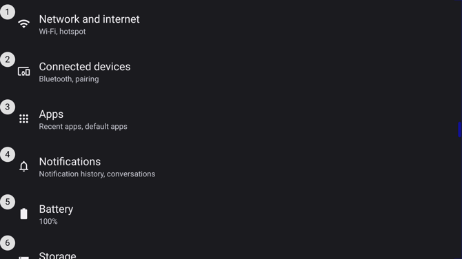 The Advanced Settings list with numbered entries
