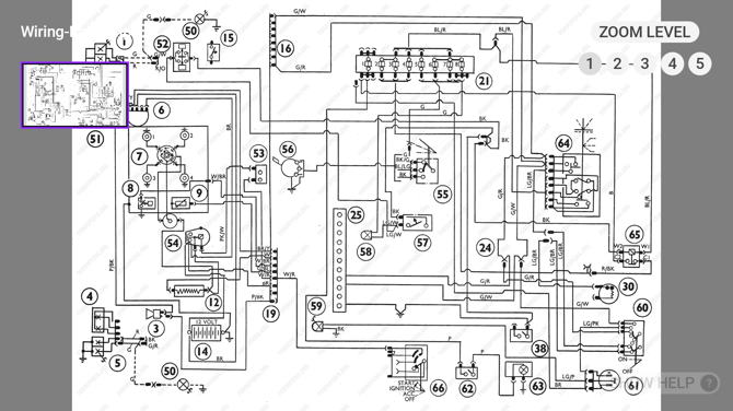 A wiring diagram open in the document viewer, with the zoom control and the preview thumbnail