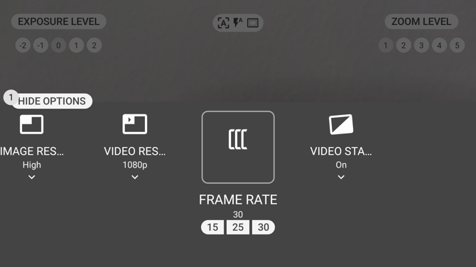 The Frame Rate setting open, offering 15, 25 and 30