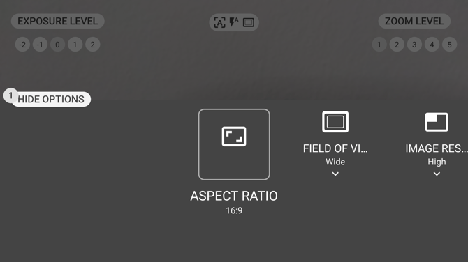 The camera More Options row, showing Aspect Ratio, Field of View and Image Resolution