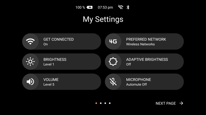 The My Settings tile grid showing six settings and the page indicator