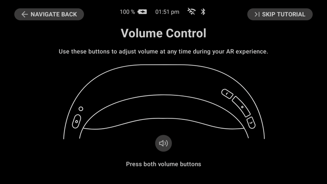 The Volume Control step, showing a diagram of the headset with the volume buttons marked