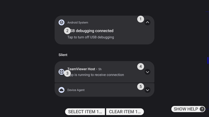 The notifications panel with numbered notifications and the Select Item and Clear Item commands