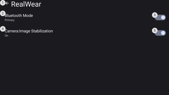 The RealWear section of the settings, showing Bluetooth Mode