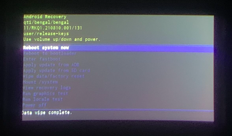Reboot system now in the recovery menu