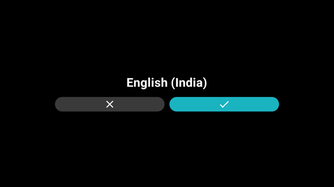 The confirmation screen showing the chosen language with close and accept buttons