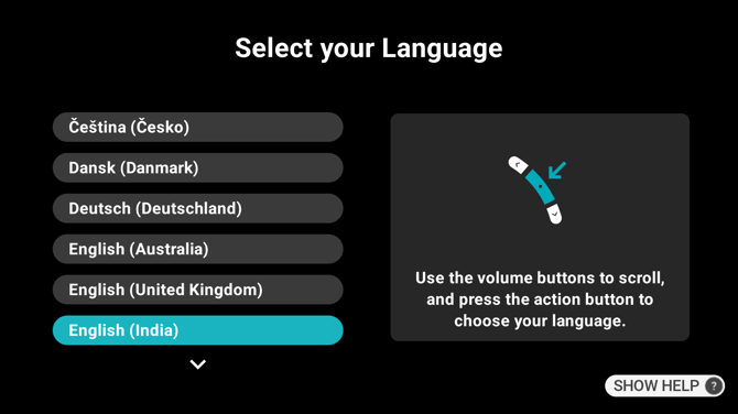 The Select your Language screen, with the current language highlighted and the on-screen instruction panel