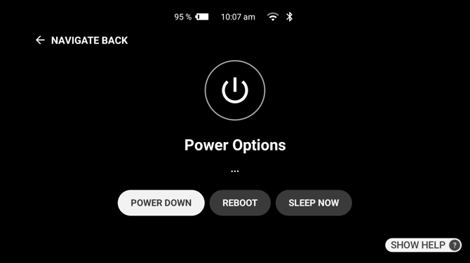 The Power Options screen listing the available power actions